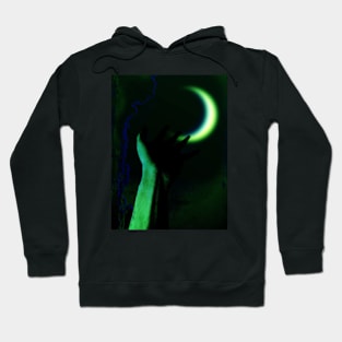 Digital collage and special processing. Hand pointing to the moon. Very beautiful. Green. Hoodie